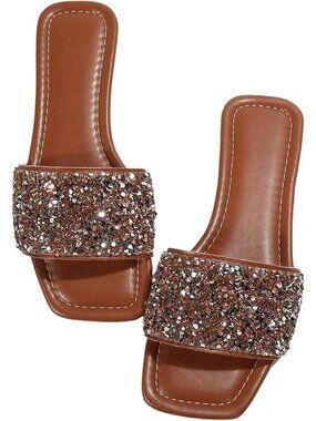🆕Women's Brown Sparkly Flat Sandals Dressy Open Toe Glitter Shiny Slippers